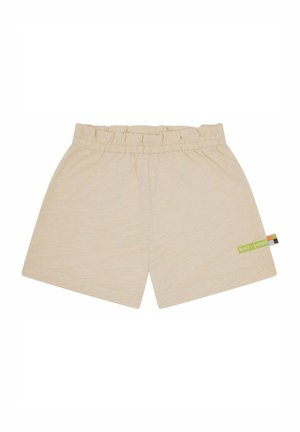 Beige katoenen shorts met een elastische tailleband, voorzien van een groene label aan de zijkant met multikleurige accenten en een gladde, lichte textuur.