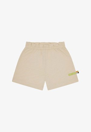 Beige cotton shorts with an elastic waistband, featuring a green label on the side with multicolored accents and a smooth, lightweight texture.