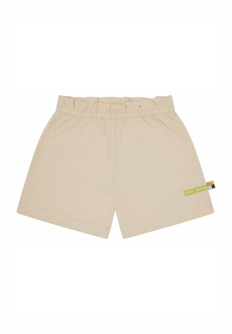 Shorts in cotone beige con una vita elasticizzata, caratterizzati da un'etichetta verde sul lato con accenti multicolori e una texture liscia e leggera.