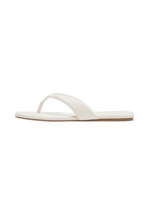Flat white flip-flop sandal with a thin brown sole and a wide white strap across the top, shown from the side on a white background.