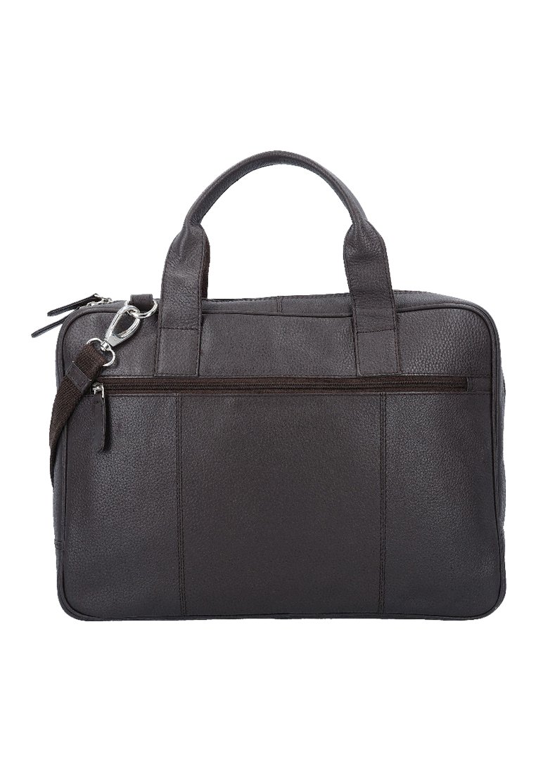Black leather briefcase with double top handles, a detachable shoulder strap, front zip pocket, and textured finish. Rectangular shape.