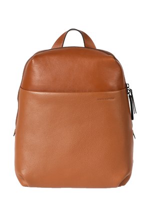 Brown leather backpack with a smooth texture, round top, front zippered pocket, and a handle on top for carrying.
