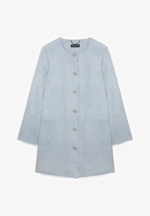 Light blue suede long jacket with round neckline, six silver snap buttons, two front pockets, and long straight sleeves.