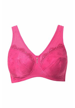 Rosa Vollschalen-BH mit Spitzenbesatz an den Körbchen, subtilen Blumenmuster, breiten Trägern und kleinem dekorativen Anhänger in der vorderen Mitte.