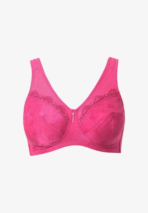 Roze beha met volledige bedekking, kanten rand aan de cups, subtiel bloemig patroon, brede bandjes en een kleine decoratieve hanger middenvoor.