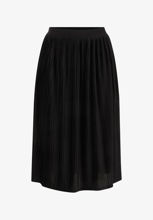 Zwarte geplooide rok met een hoge tailleband, gemaakt van lichtgewicht stof. Heeft een vloeiend ontwerp en textuurrijke plooien over het geheel.