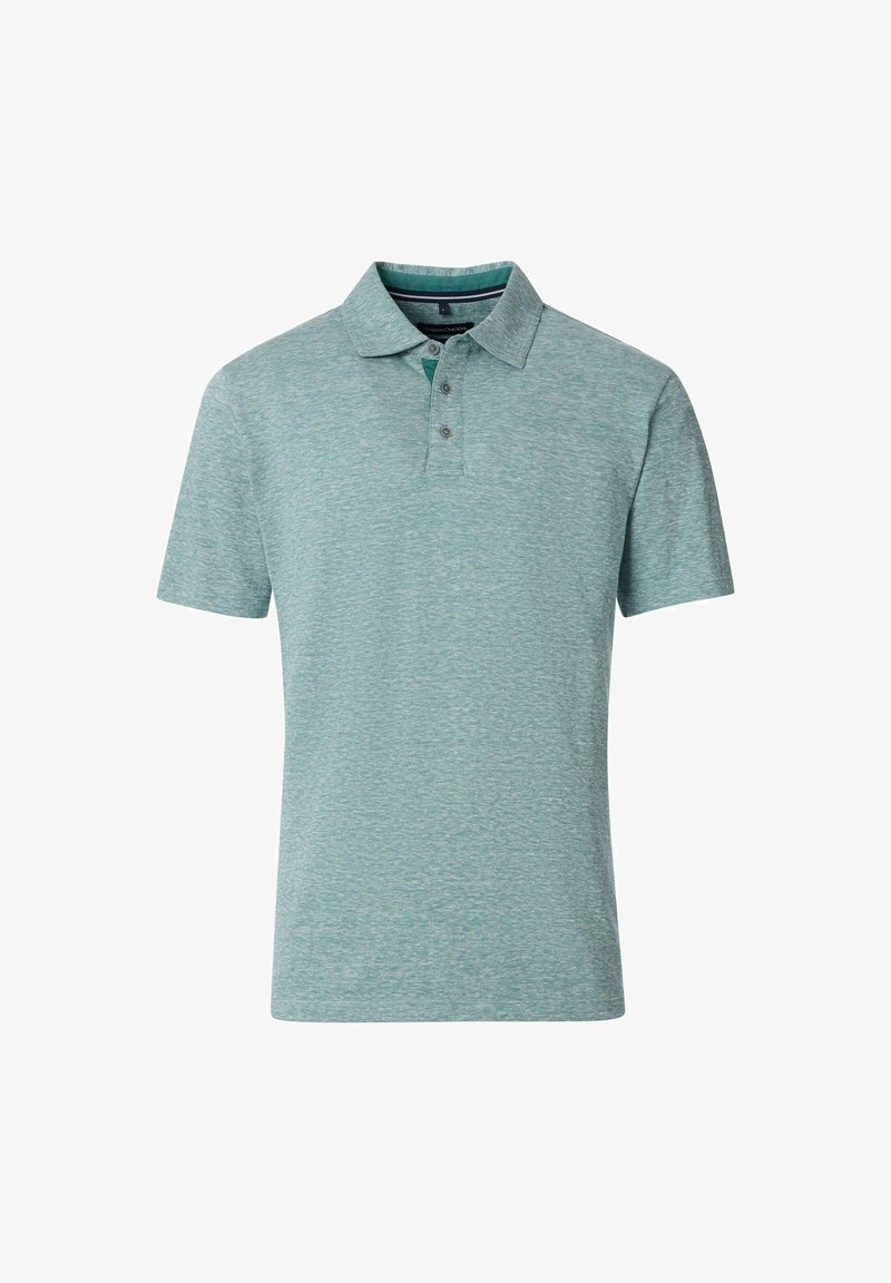 Jasnoniebieska koszulka polo z teksturowanym wykończeniem, krótki rękaw i zapięcie na trzy guziki. Posiada kontrastujący detal wewnętrznej kołnierza.