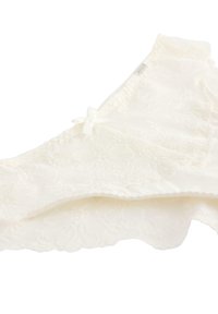 Spetsbralette i elfenben med blommönster, med en liten rosett i mitten och vågiga kanter, tillverkad av mjukt, texturerat tyg.