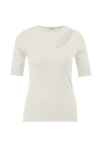 Kurze Ärmel, cremefarbenes T-Shirt aus geripptem Stoff mit einem runden Halsausschnitt und einem einzigartigen Ausschnitt an der linken Schulter.
