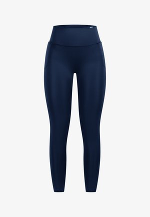 Marineblauwe leggings met een hoge tailleband, een gladde textuur en zijzakken. Gemaakt van rekbaar materiaal voor comfort en gemakkelijke beweging.