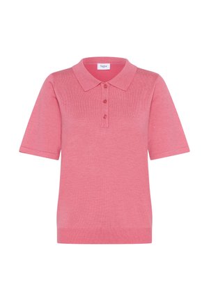 Roosa lühikeste varrukatega polo-särk, mis on valmistatud kerge kangaga, klassikalise krae, kolme nupuga ning ribaga ääre- ja varrukanõmblustega.