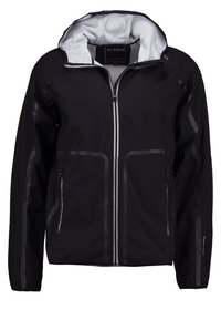 Veste noire avec capuche, fabriquée en tissu léger et résistant à l'eau. Elle possède deux poches avant et des accents réfléchissants le long des coutures.