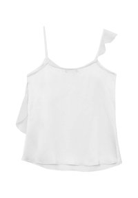 Camisola bianca con sottili spalline regolabili, caratterizzata da un dettaglio arricciato sulla spalla destra, realizzata in un tessuto leggero dalla consistenza morbida.