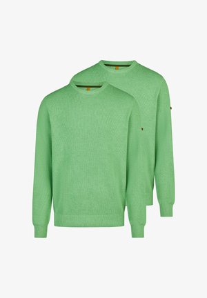 To lysegrønne teksturerede langærmede sweaters med rund hals udstyret med ribkant ved ærmerne og i kanten, vist på en hvid baggrund.