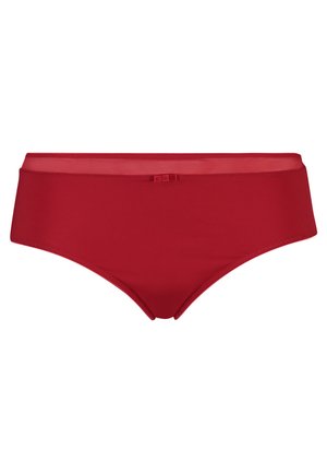 Rote hochgeschnittene Bikinihose mit glatter Textur, Akzentband an der Taille und einem dezenten Schleifendetail in der Mitte vorne.