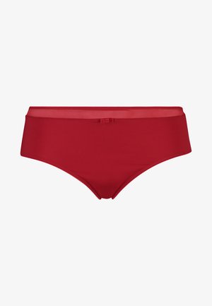 Rode high-waisted bikini onderkant met een gladde textuur, accentband in de taille en een subtiele strikdetail aan de voorkant.