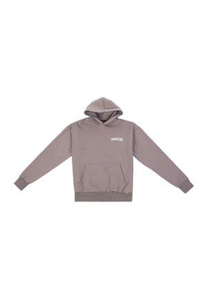 Hætte sweatshirt i lys grå, lavet af blødt stof. Har en lomme foran og ribbede manchetter, med "DROPSIZE" trykt på brystet.