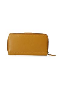 Portafoglio in pelle di colore giallo senape, con chiusura zip, forma rettangolare, superficie liscia, con un design semplice e senza dettagli hardware visibili.