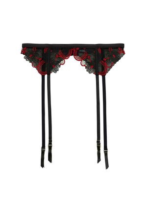 Jarretière en dentelle noire avec broderie florale rouge et quatre sangles noires réglables avec boucles métalliques sur fond blanc.