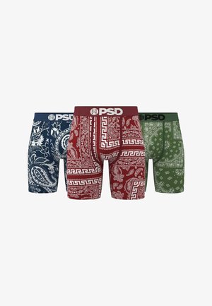 Trois paires de boxers pour hommes : marine avec motif floral, rouge avec des motifs paisley, et vert avec des accents floraux. Tous présentent une ceinture de marque.