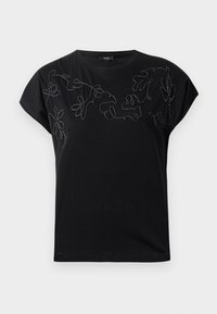 Musthave musta lühikeste varrukatega T-särk, ümmarguse kaelusega, millel on rinnal must-valge lõngaga broderi abstraktsed lillemotiivid.