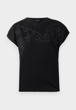 Zwarte T-shirt met korte mouwen en ronde hals, versierd met abstracte bloembroderie in gestikt zwart en wit draad over de borst.