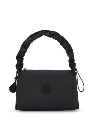 Black handbag with a soft, textured surface. Features a scrunched handle, zip closure, and a round logo accent on the front.