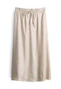 Beige Rock mit elastischem Bund und Kordelzug, der eine glatte Stoffoberfläche und ein gerades, knielanges Design aufweist.