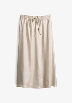 Beige Rock mit elastischem Bund und Kordelzug, der eine glatte Stoffoberfläche und ein gerades, knielanges Design aufweist.