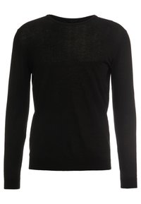 Schwarzer Langarmpullover aus leichtem, strukturiertem Material. Verfügt über einen Rundhalsausschnitt und einen gerippten Saum. Keine sichtbaren Muster oder Akzente.