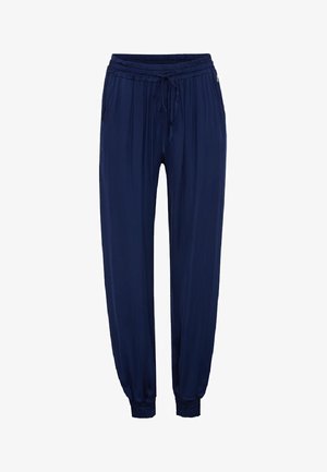 Pantalones sueltos de color azul marino con una cintura elástica y cordón, que cuentan con bolsillos laterales y puños elásticos en los tobillos.