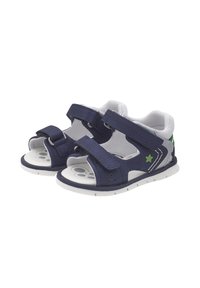 Sandali blu navy con cinturini in Velcro, foderati in rete bianca e con un accento a forma di stella verde. Presentano una suola decorata e un design aperto davanti.