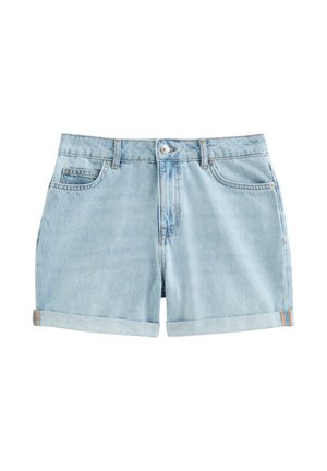 Shorts en jean bleu clair avec ourlets retroussés, fermeture à bouton sur le devant, passants de ceinture et poches avant sur fond blanc.