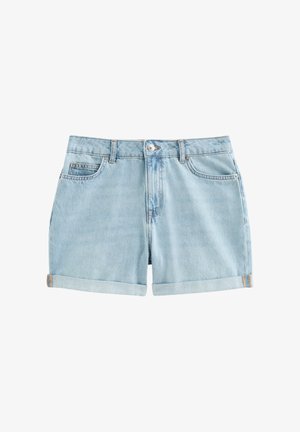 Shorts en jean bleu clair avec ourlets retroussés, fermeture à bouton sur le devant, passants de ceinture et poches avant sur fond blanc.