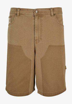 Ruskeat farkkushortsit kestävästä kankaasta, joissa on saumaton muotoilu, kaksi etutaskua ja vahvistetut ompeluyksityiskohdat.