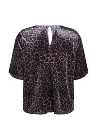 Haut noir avec un motif léopard, manches courtes, et une ouverture en goutte d'eau au dos avec fermeture à glissière. Texture de tissu lisse.