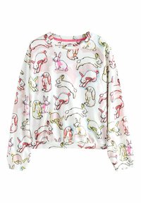 Biała bluza z kolorowym wzorem królika w kolorach różowym, żółtym i niebieskim. Posiada okrągły dekolt oraz długie rękawy z elastycznymi mankietami.
