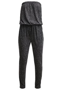 Jumpsuit nero in tessuto morbido con vestibilità rilassata, dotato di vita elasticizzata, cordoncino regolabile e top ampio e arricciato.