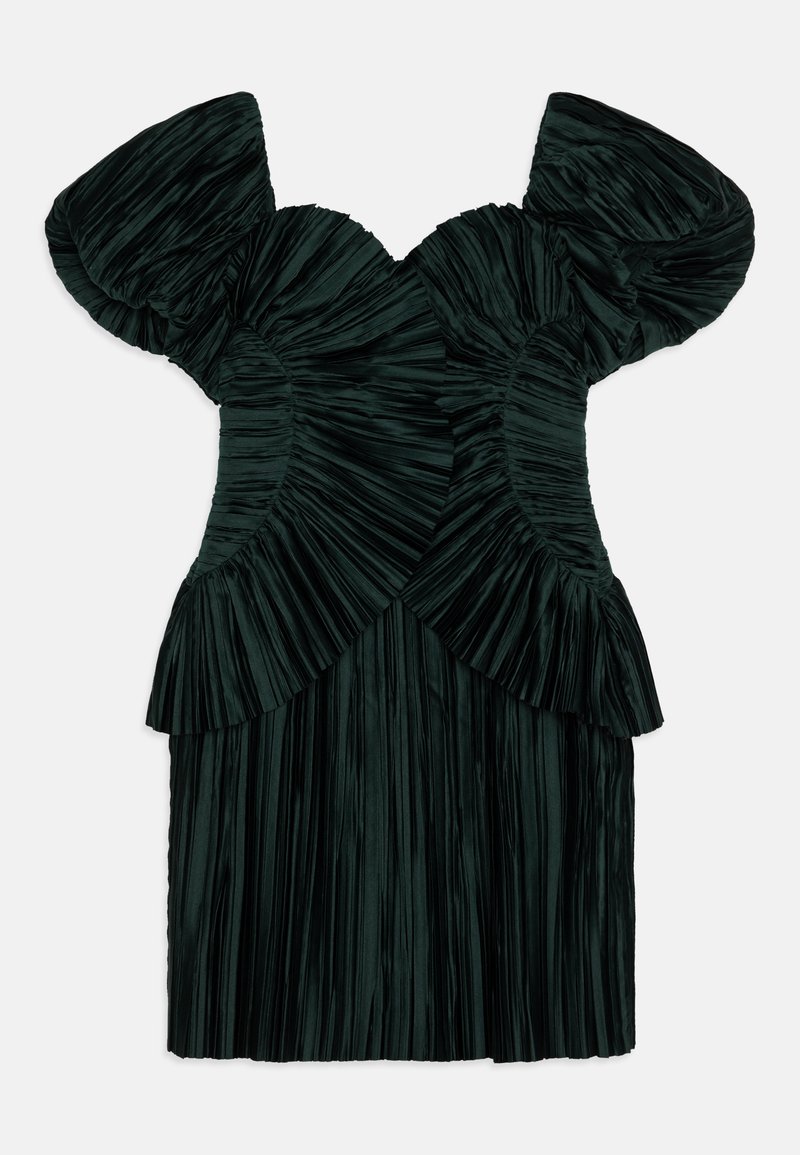 Dark green pleated dress with puff sleeves, structured bodice, vertical and horizontal pleats, and a layered ruffled hem detail.