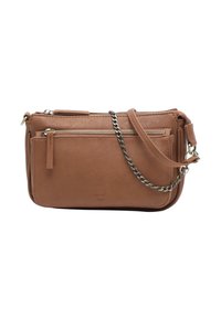 Brown faux leather crossbody bag with multiple zippered pockets, a detachable strap, and a chain accent. Smooth texture with a minimalist design.