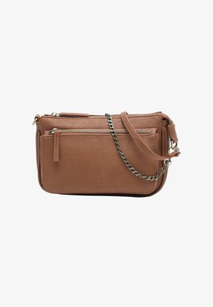 Brown faux leather crossbody bag with multiple zippered pockets, a detachable strap, and a chain accent. Smooth texture with a minimalist design.