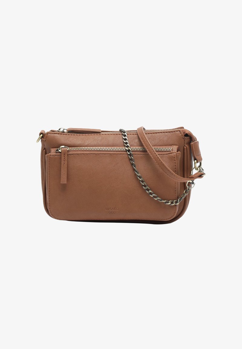 Brown faux leather crossbody bag with multiple zippered pockets, a detachable strap, and a chain accent. Smooth texture with a minimalist design.
