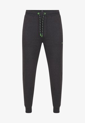 Dark gray joggers made of soft fabric, featuring contrasting neon green drawstrings, slim fit, and ribbed cuffs at the ankles.