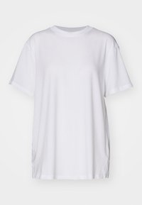 T-shirt unisexe blanc uni à manches courtes, col rond et coupe décontractée, présenté sur fond blanc.