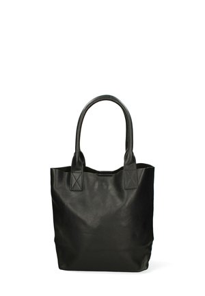 Schwarz lederne Tragetasche mit stabilen, runden Griffen und schrägen Nähdetails an der Basis der Griffe. Weiche Textur, aufrechte rechteckige Form.