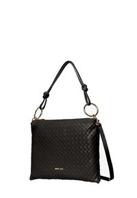 Sac à main en cuir tissé noir avec une texture lisse, doté d'une bandoulière amovible, de quincaillerie dorée et d'une forme rectangulaire.