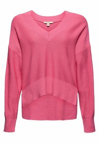 Luźny różowy sweter z dzianiny z dekoltem w serek, rypsowym wykończeniem i szerokimi rękawami. Posiada teksturowany wzór z różnorodnymi splotami dzianiny.
