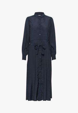 Robe longue bleu marine foncé, avec un col, des manches longues, un devant à boutons, une taille à nouer et des détails froncés le long du plastron.
