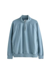 Lichtblauw fleece sweatshirt, met een hoge kraag, half-rits sluiting, raglanmouwen, en ribgebreide manchetten en zoom. Glad textuur, casual ontwerp.