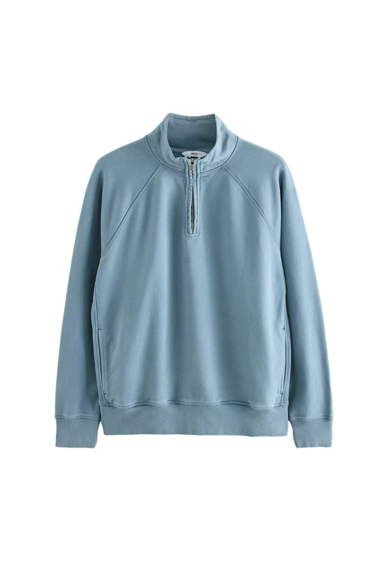 Lichtblauw fleece sweatshirt, met een hoge kraag, half-rits sluiting, raglanmouwen, en ribgebreide manchetten en zoom. Glad textuur, casual ontwerp.